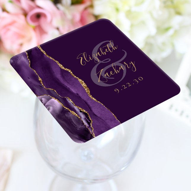 Agate Geode Script Purple Gold Plum Wedding Square Paper Coaster (Creator Uploaded)