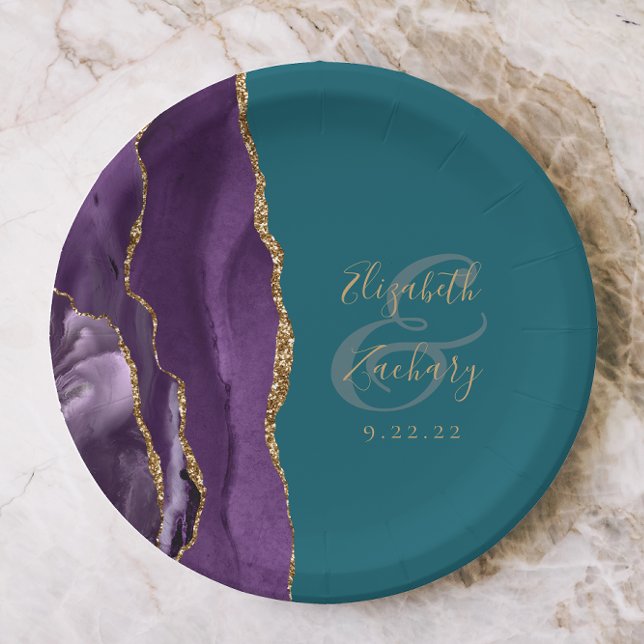 Agate Geode Script Purple Gold Teal Wedding Paper Plate (Creator Uploaded)