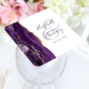 Agate Geode Script Purple Gold Wedding Square Paper Coaster