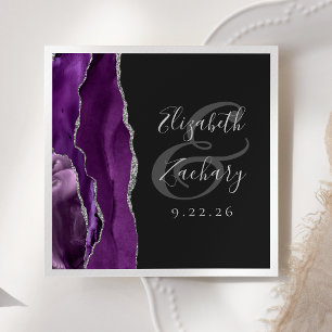 Agate Geode Script Purple Silver Dark Wedding Napkin