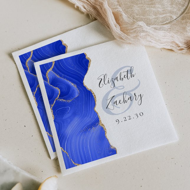 Agate Geode Script Royal Blue Gold Wedding Napkin (Creator Uploaded)