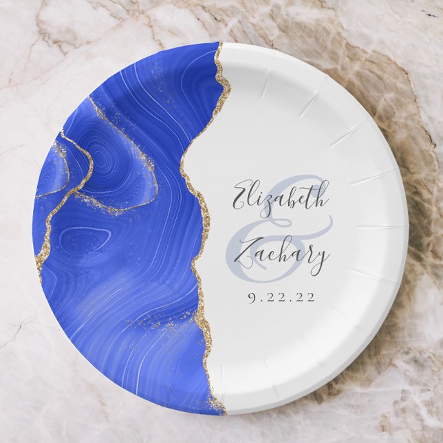 Agate Geode Script Royal Blue Gold Wedding Paper Plate (Creator Uploaded)