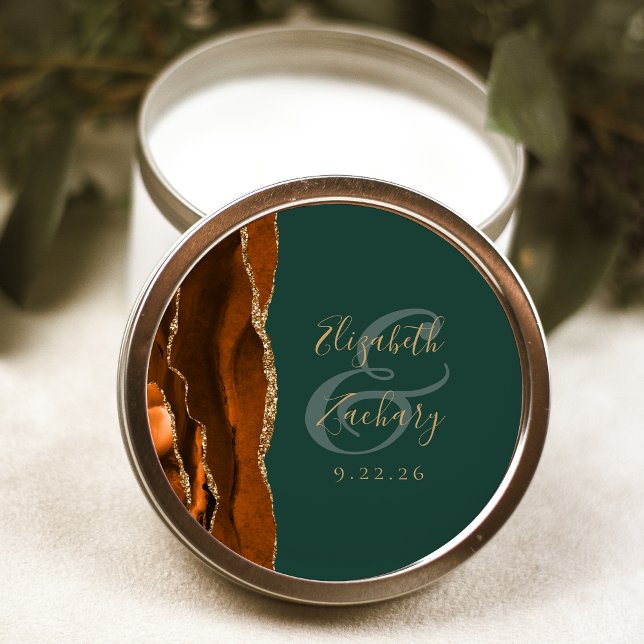 Agate Geode Script Rust Gold Green Wedding Classic Round Sticker (Creator Uploaded)