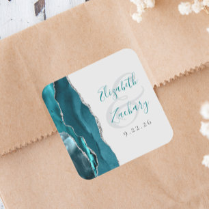 Agate Geode Script Teal Blue Silver Grey Wedding Square Sticker