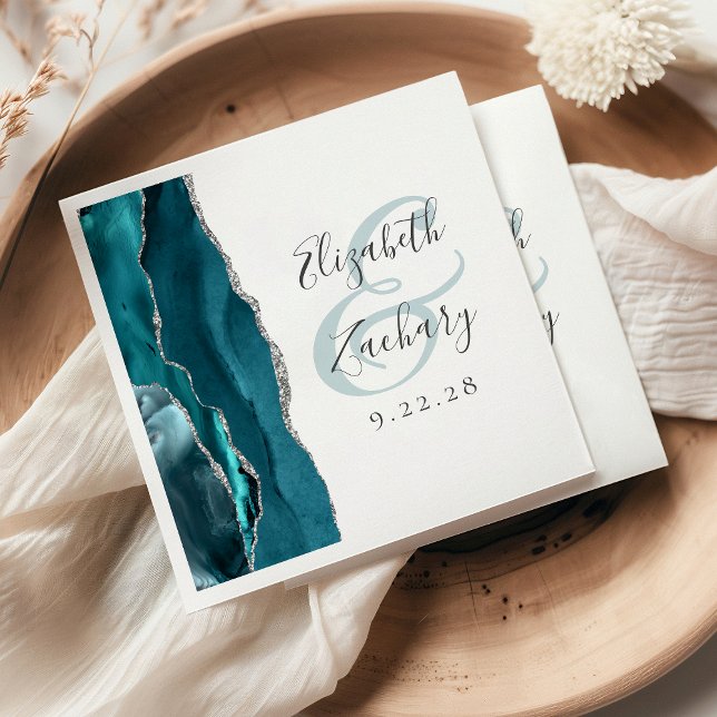 Agate Geode Script Teal Blue Silver Wedding Napkin (Creator Uploaded)