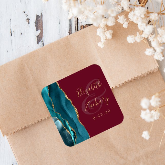 Agate Geode Script Teal Gold Burgundy Wedding Square Sticker (Creator Uploaded)