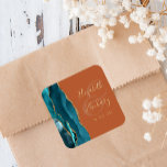 Agate Geode Script Teal Gold Burnt Orange Wedding Square Sticker<br><div class="desc">This elegant modern wedding sticker features a teal blue watercolor agate geode design trimmed with faux gold glitter. Easily customise the gold-coloured text on a burnt orange background,  with the names of the bride and groom in handwriting calligraphy over a large ampersand.</div>