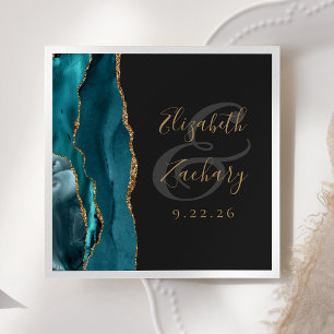 Agate Geode Script Teal Gold Dark Wedding Napkin