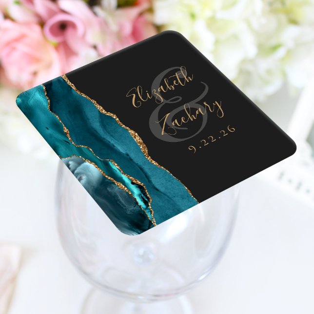 Agate Geode Script Teal Gold Dark Wedding Square Paper Coaster (Creator Uploaded)