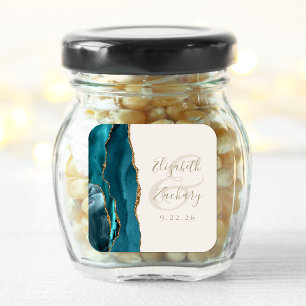 Agate Geode Script Teal Gold Ivory Wedding Square Sticker