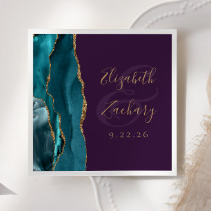 Agate Geode Script Teal Gold Purple Wedding Napkin