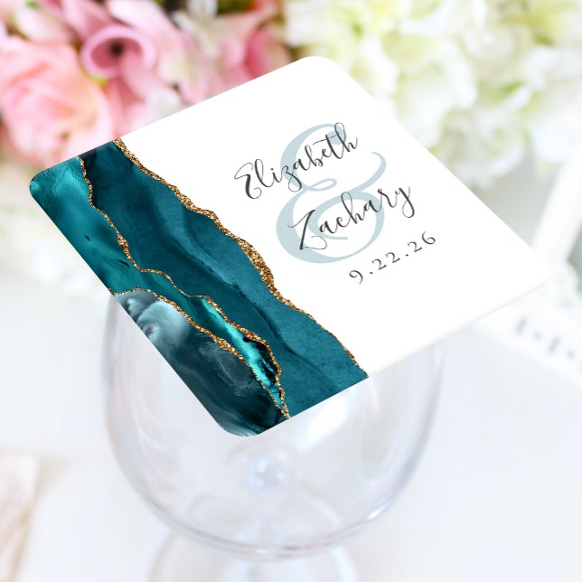 Agate Geode Script Teal Gold Wedding Square Paper Coaster (Creator Uploaded)
