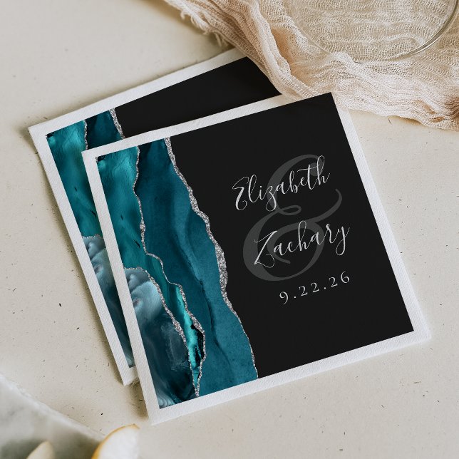 Agate Geode Script Teal Silver Dark Wedding Napkin (Creator Uploaded)