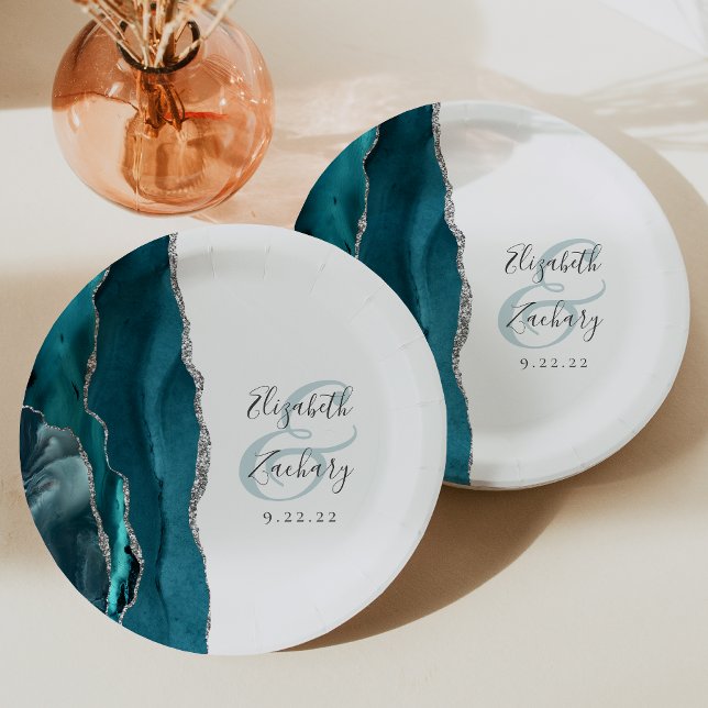 Agate Geode Script Teal Silver Wedding Paper Plate (Creator Uploaded)