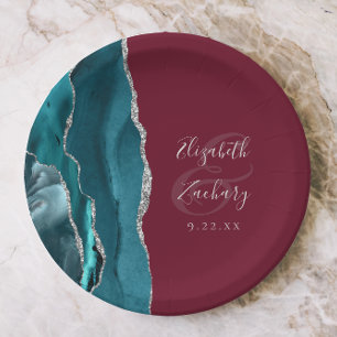 Agate Geode Silver Script Burgundy Wedding Paper Plate
