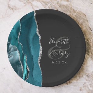 Agate Geode Silver Script Dark Wedding Paper Plate