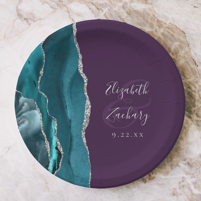 Agate Geode Silver Script Purple Wedding Paper Plate (Creator Uploaded)