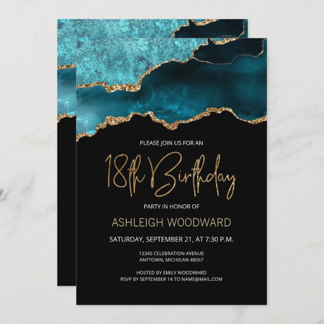 Agate Geode Teal Gold 18th Birthday Party Invitation (Front/Back)