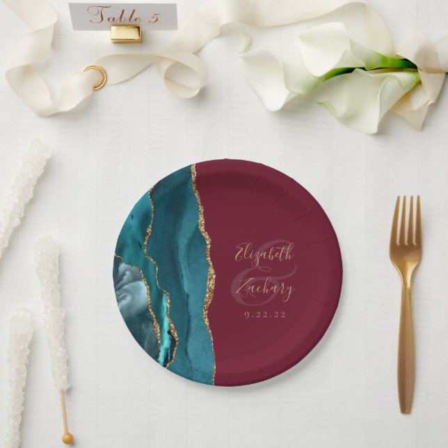 Agate Geode Teal Gold Burgundy Wedding Paper Plate (Wedding)