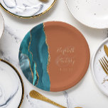 Agate Geode Teal Gold Burnt Orange Wedding Paper Plate<br><div class="desc">These elegant modern wedding plates feature a teal watercolor design trimmed with faux gold glitter. Easily customise the gold-coloured text on a burnt orange background,  with the names of the bride and groom in handwriting calligraphy over a large ampersand.</div>