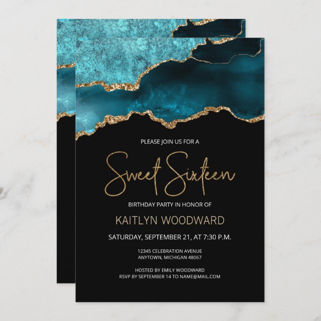 Agate Geode Teal Gold Dark Sweet 16 Birthday Party Invitation (Front/Back)