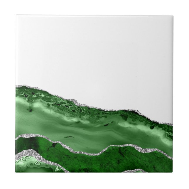 Agate Glamourous Emerald Green Silver Glitter Ceramic Tile (Front)