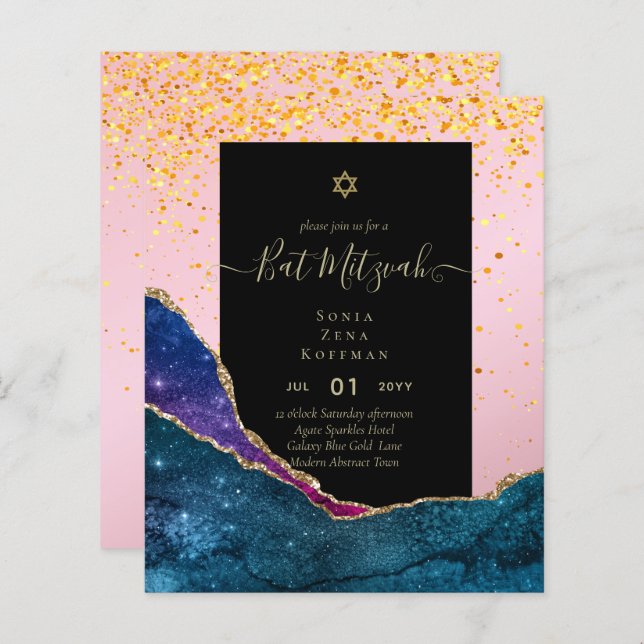 AGATE GLITTER BAT MITZVAH Invitations BUDGET (Front/Back)