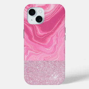 Agate Glitter Pink Rose Monogram iPhone 15 Case