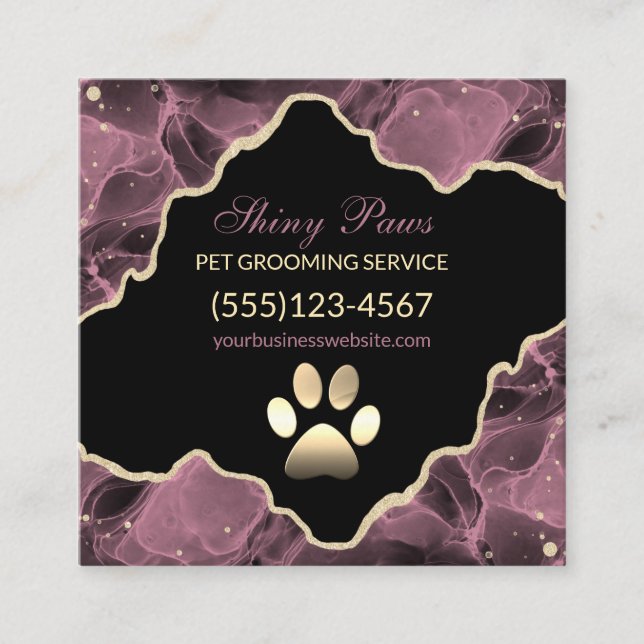 Agate Glitter Rose Gold Dog Pet Grooming Square Business Card (Front)