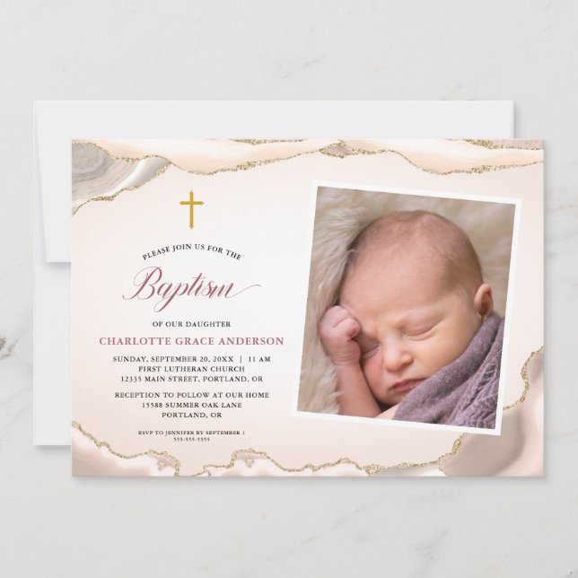 Agate Gold Glitter Script Photo Girl Baptism Invitation (Front)