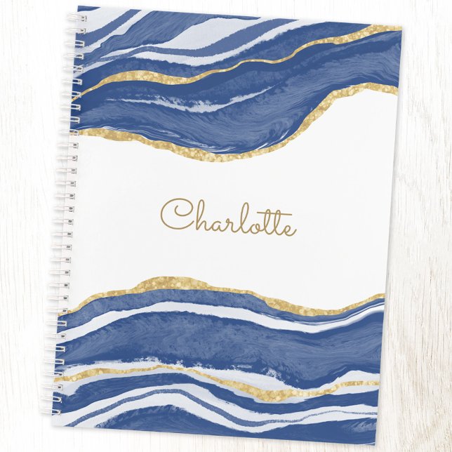 Agate Gold Glitter Watercolor Personalised Blue Notebook (Personalized navy blue, gold and white agate notebook with choice of cover and interior)