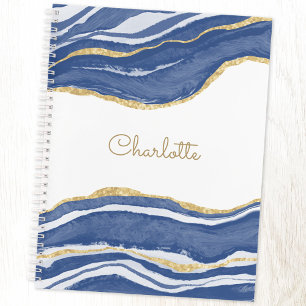 Agate Gold Glitter Watercolor Personalised Blue Notebook