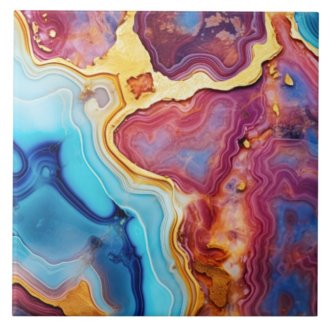 Agate Gold Marble Alcohol Ink Abstract Ceramic Tile (Front)