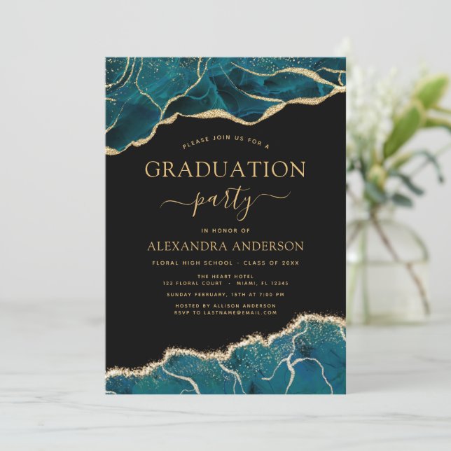 Agate Graduation 2022 Teal Gold Blue Turquoise  In Invitation (Standing Front)