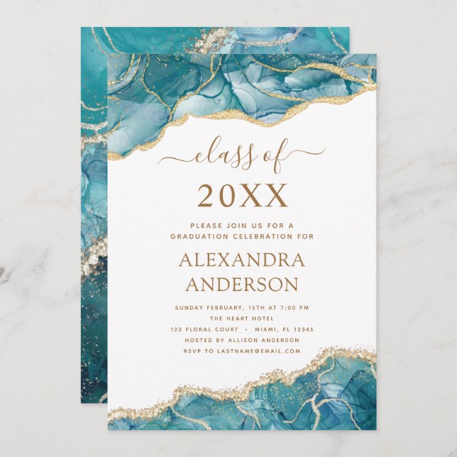 Agate Graduation 2022 Teal Gold Blue Turquoise  In Invitation (Front/Back)