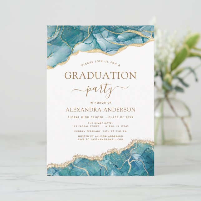 Agate Graduation 2022 Teal Gold Blue Turquoise Invitation (Standing Front)