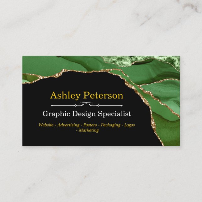 Agate Green and Gold Faux Glitter Business Card (Front)