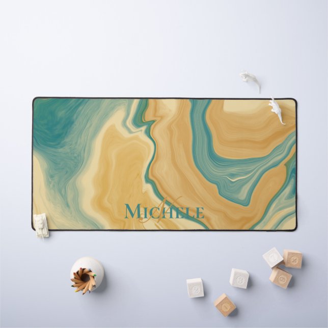 Agate Green & Cream Marble Custom Name Letter  Desk Mat (Kids Table)
