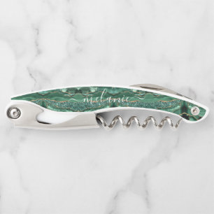 Agate Green Gold Custom Name Waiter's Corkscrew