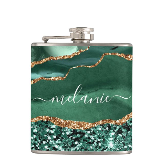 Agate Green Gold Emerald Custom Name Flask (Front)