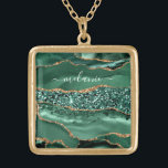 Agate Green Gold Emerald Your Name Necklace<br><div class="desc">Necklace with Agate Green Gold Glitter Geode Marble Custom Name Emerald Sparkle Personalised Birthday - Anniversary or Wedding Necklaces / Gift / Suppliest - Add Your Name - Text or Remove - Make Your Special Gift - Resize and move or remove and add text / elements with customisation tool. Design...</div>