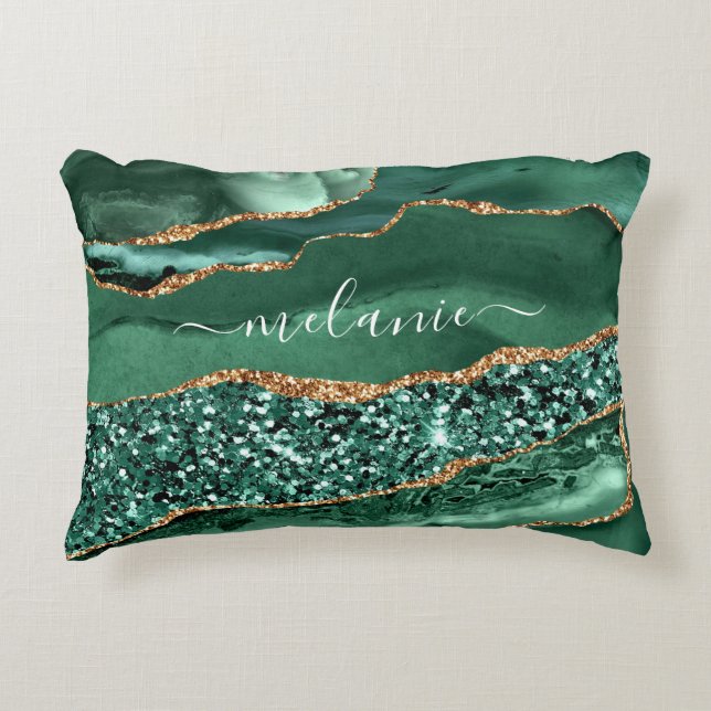 Agate Green Gold Glitter Custom Name Accent Pillow (Front)