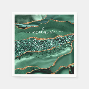 Agate Green Gold Glitter Custom Name Napkins