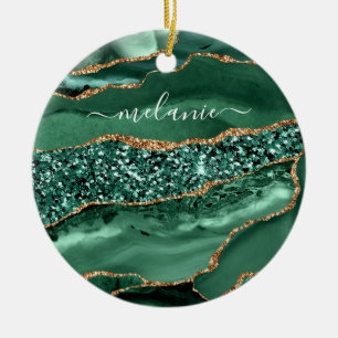 Agate Green Gold Glitter Emerald Custom Name Ceramic Ornament