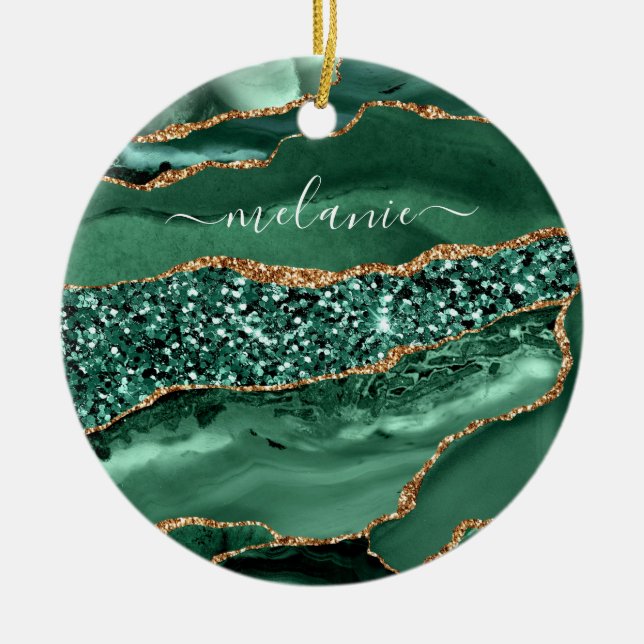 Agate Green Gold Glitter Emerald Custom Name Ceramic Ornament (Front)