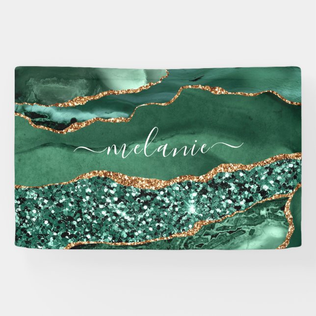 Agate Green Gold Glitter Geode Marble Custom Name  Banner (Horizontal)