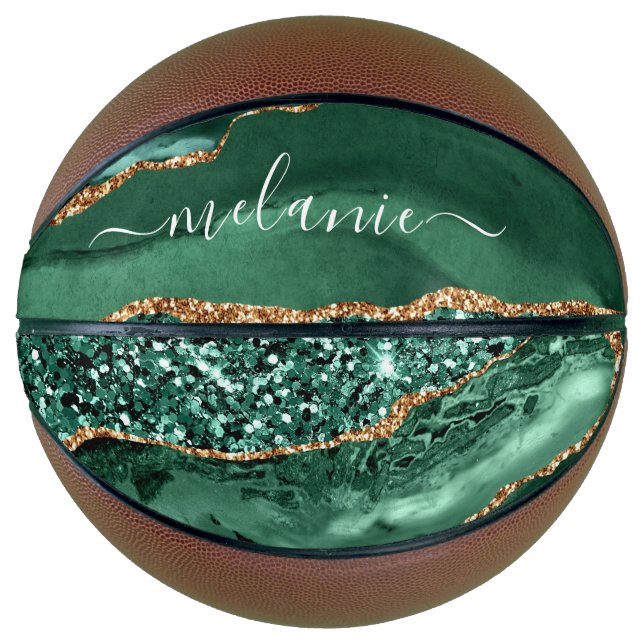 Agate Green Gold Glitter Geode Marble Custom Name Basketball (Front)