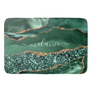 Agate Green Gold Glitter Geode Marble Custom Name Bath Mat