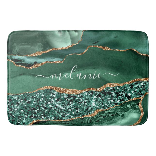 Agate Green Gold Glitter Geode Marble Custom Name Bath Mat (Front)