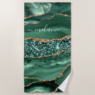 Agate Green Gold Glitter Geode Marble Custom Name Beach Towel